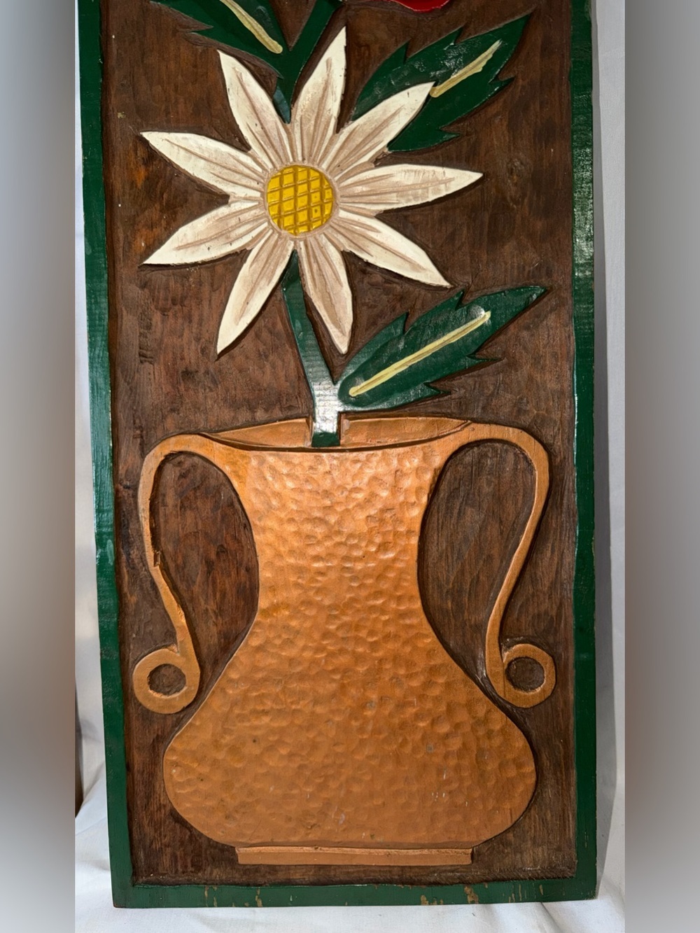 Vintage Hand-Carved & Hand-Painted Floral Wood Wall Plaque - Picture 5 of 6